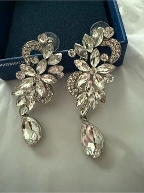 Crystal Floral Drop Earrings - Silver Tone
